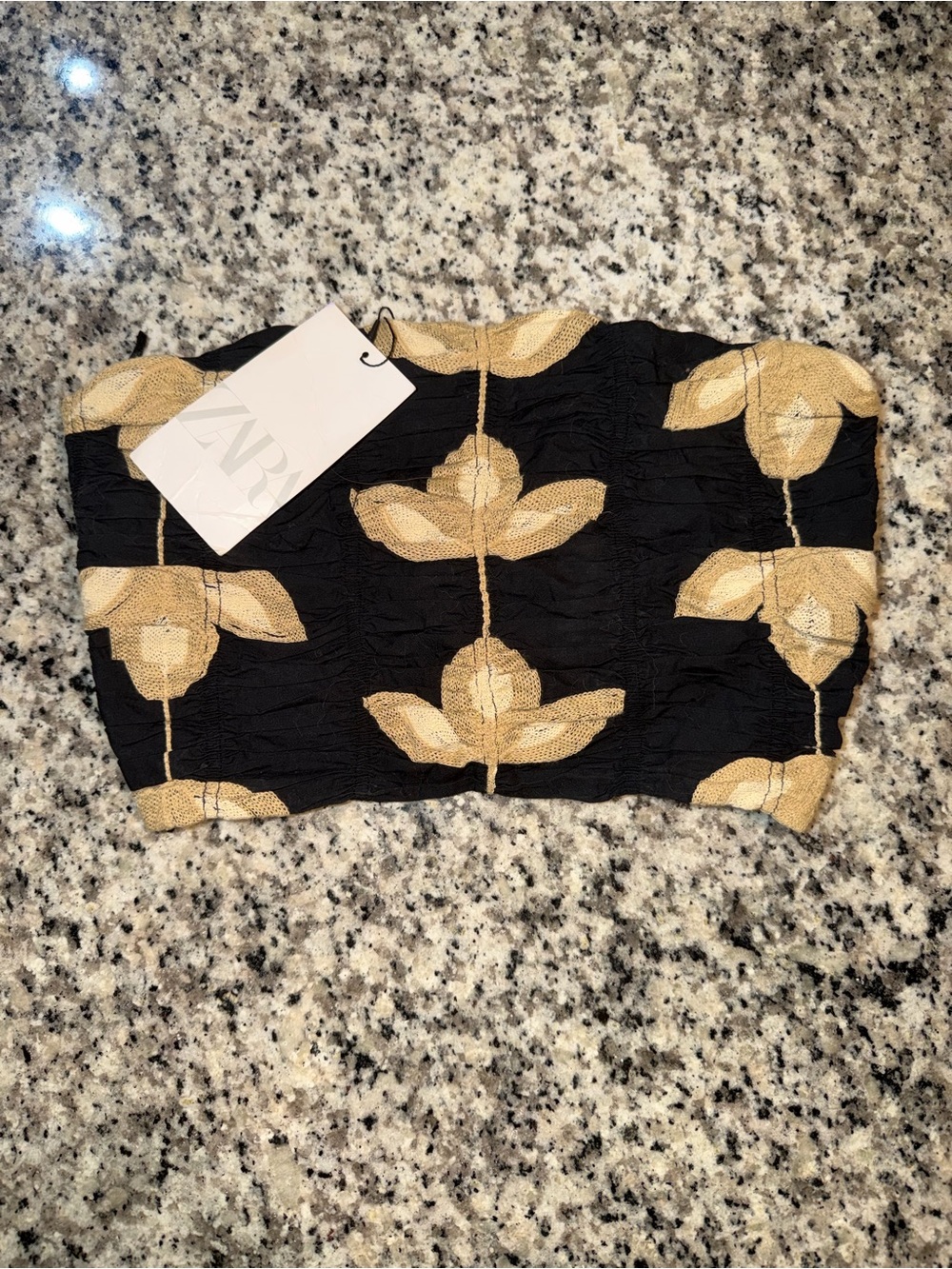 Zara Black Strapless Crop Top with Gold Leaf Motif